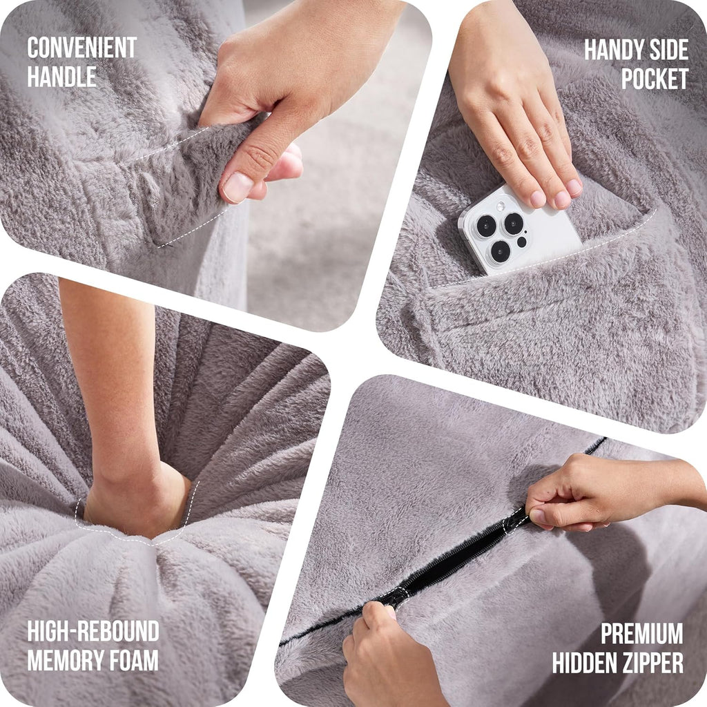 Hobestluk Adult Bean Bag Chair 3FT Large Lounger with Plush Cover, Grey | Memory Foam Filled, Removable and Washable Cover, Portable Handle, Relaxing, Reading, Medium, Skin-Friendly Plush Faux Fur
