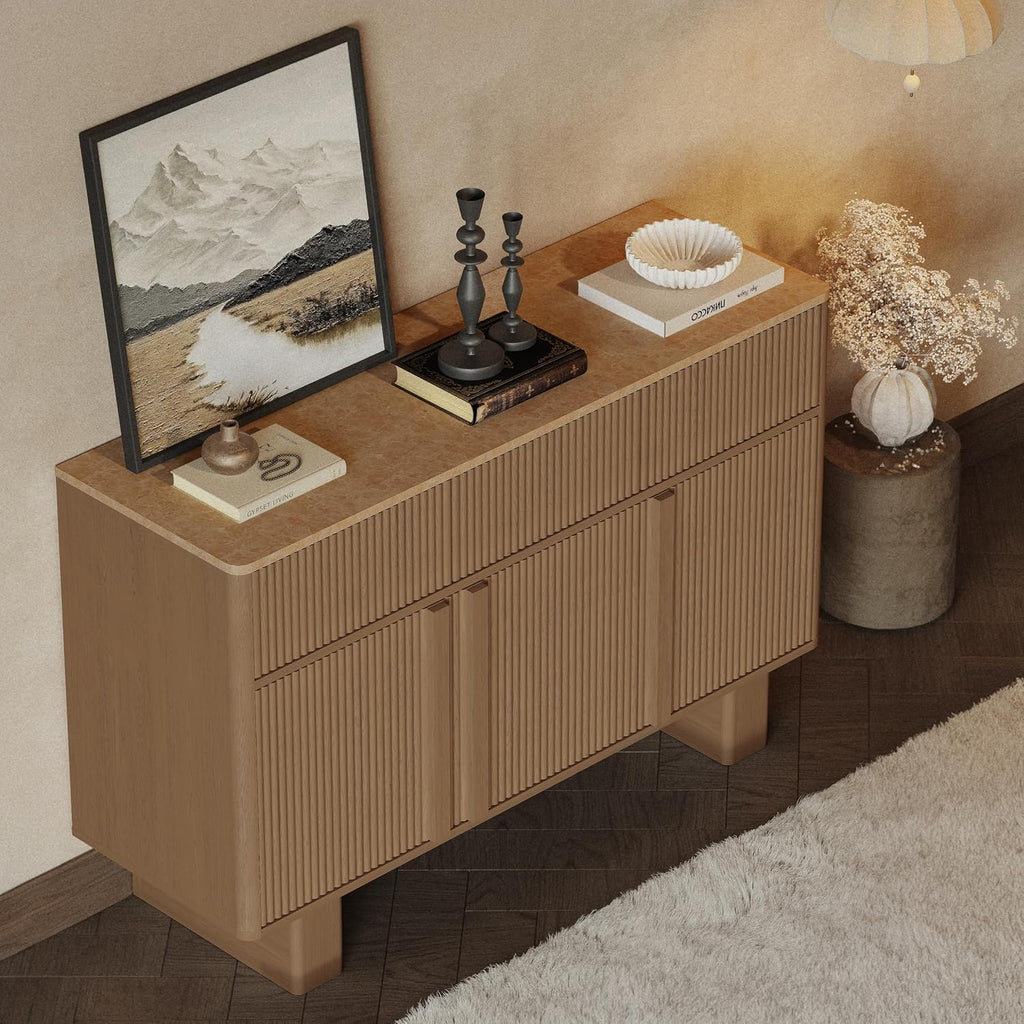 47" Wide Sideboard Buffet Cabinet with Storage, Modern Buffet with 3 Drawers and 3 Doors, Storage Cabinet with 2 Reinforced Legs for Kitchen, Living Room, Natural Oak