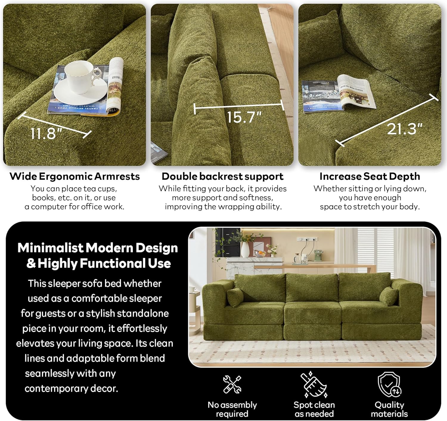STHOUYN 106" Chenille Folding Convertible Sleeper Sofa Bed, Green Pull Out Floor Modular Couch with Pillow, Memory Foam Boneless Couchs Sectional for Living Room Bedroom (3, Green)