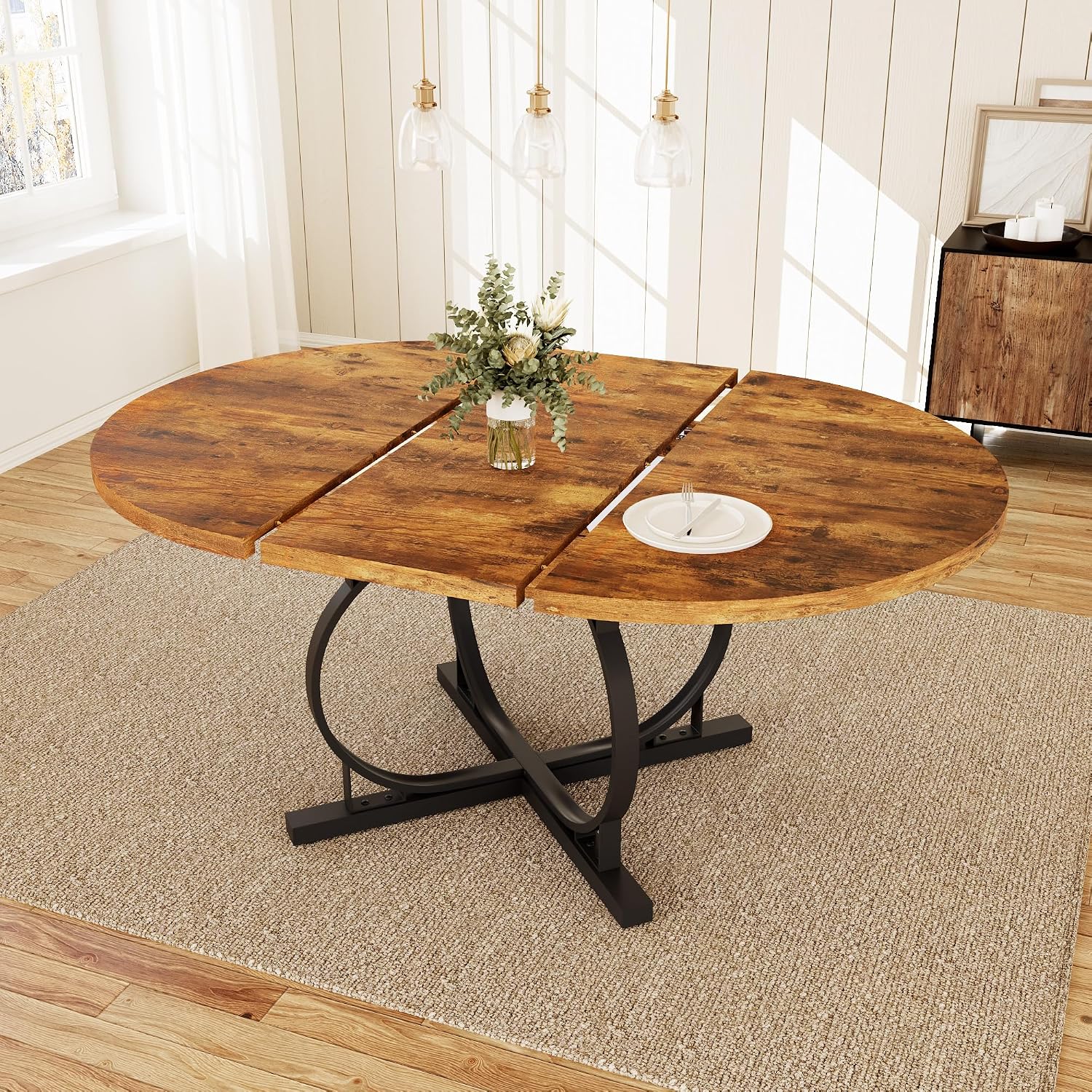 HIPIHOM 43.3"-59" Extendable Round Dining Table for 4-6 People, Modern Kitchen Oval Dining Table with Sturdy X-Base Metal Legs, Space Saving, MDF Board for Kitchen Dining Room (Vintage Brown)