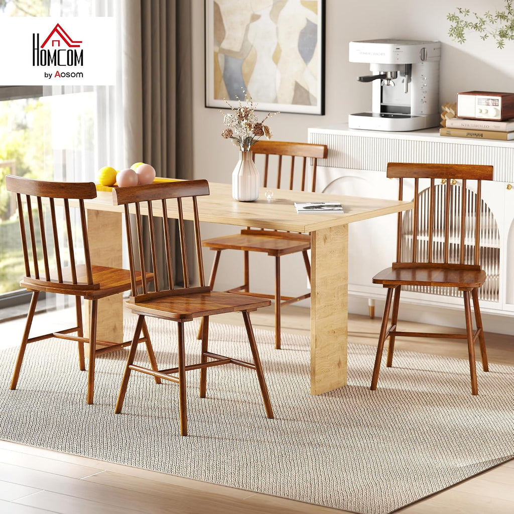 HOMCOM Windsor Dining Chairs Set of 4, Farmhouse Wooden Kitchen Chairs with Rubber Wood Frame and Spindle Backrest for Dining & Living Room, Light Brown