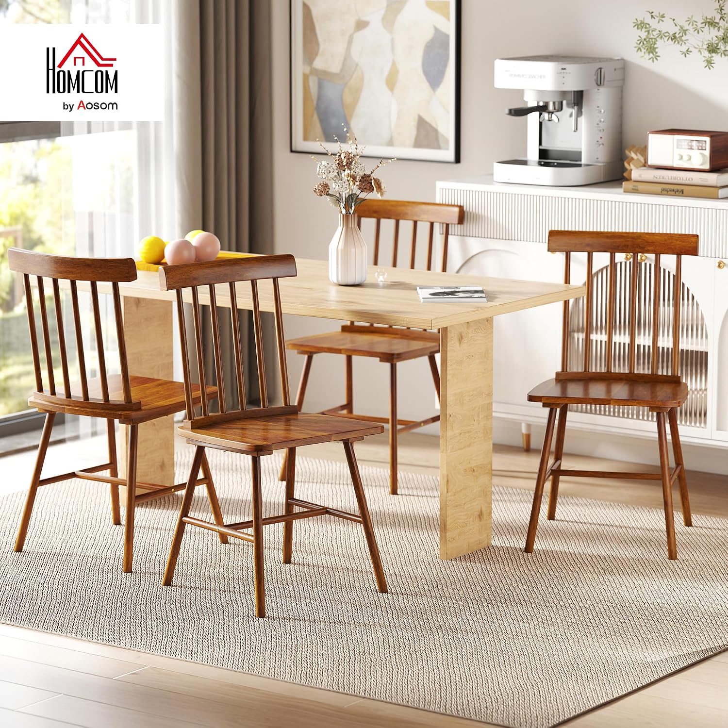 HOMCOM Windsor Dining Chairs Set of 4, Farmhouse Wooden Kitchen Chairs with Rubber Wood Frame and Spindle Backrest for Dining & Living Room, Light Brown