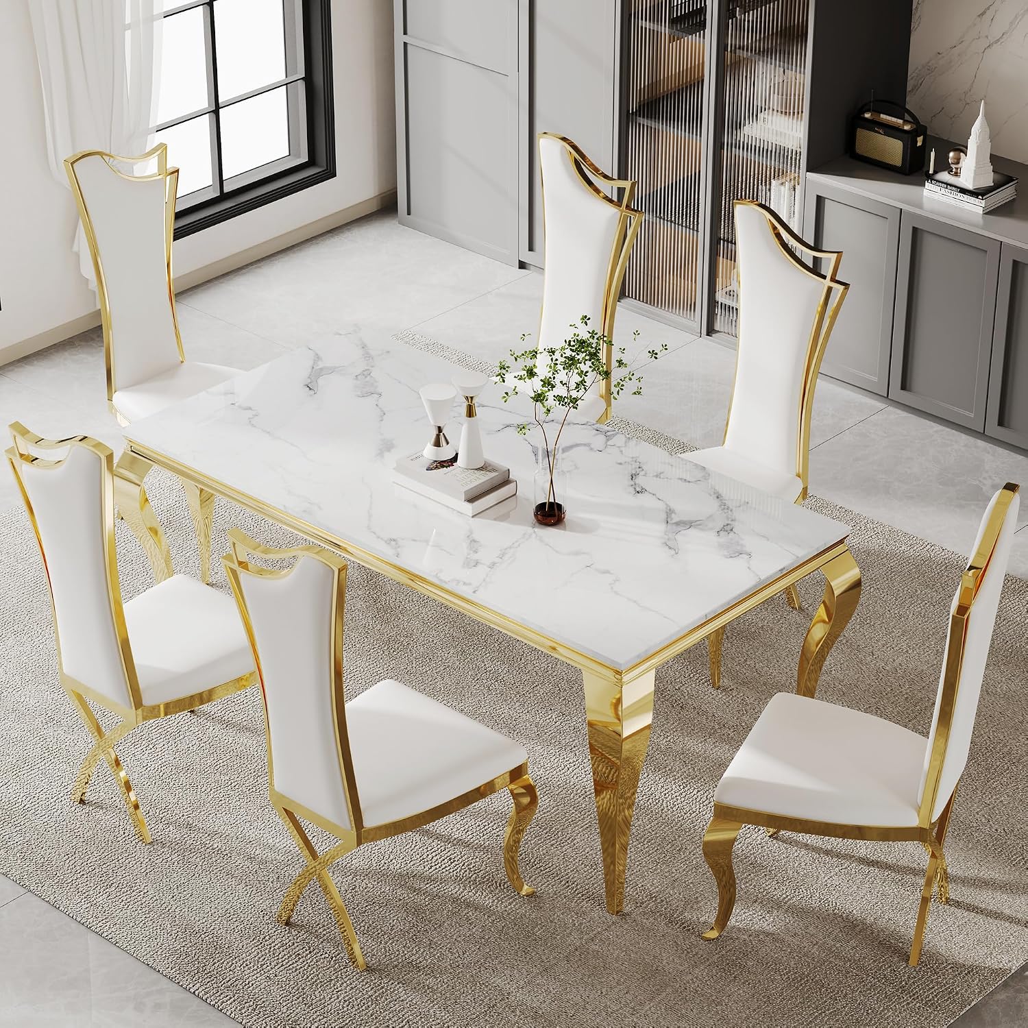 Luxury Dining Chairs Set of 4, Modern White Leather Upholstered Kitchen Chairs with High Backrest & Gold Stainless Steel Legs, Mid Century Accent Chairs for Living Room, Kitchen