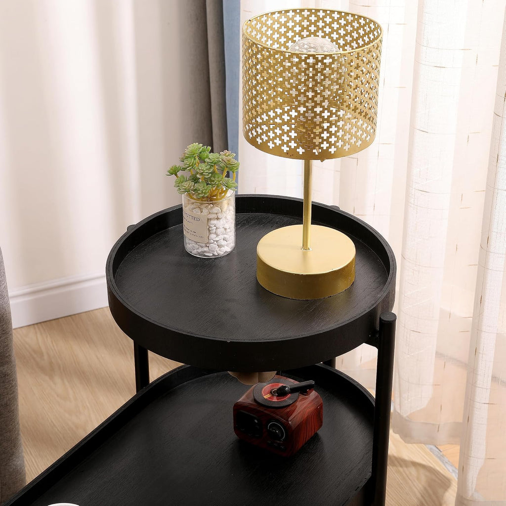 2-Tier Side Table, Metal & Wood Construction with Storage Shelf - Modern End Table for Living Room, Bedroom & Entryway,Black