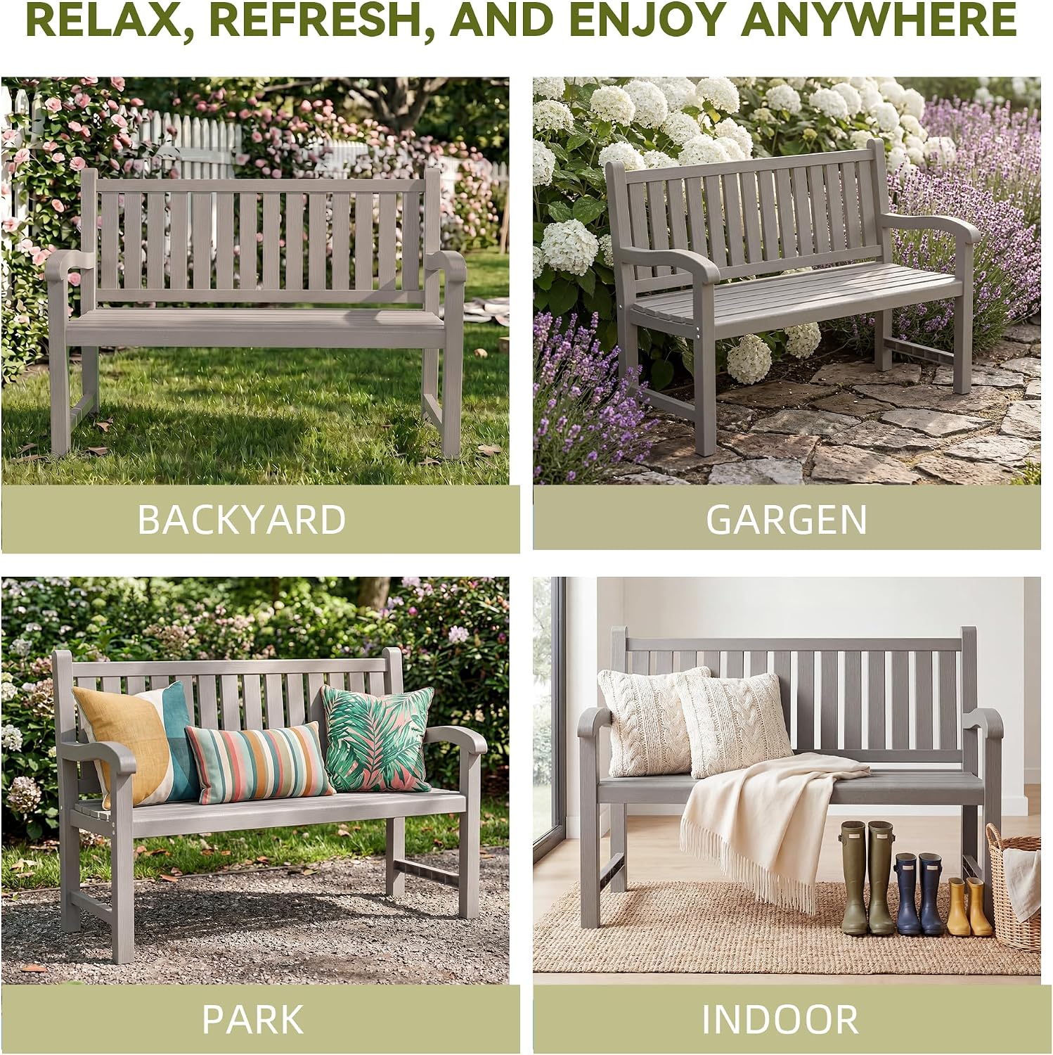 Outdoor Bench, 2-Person Outdoor Benches Weatherproof, 600 lbs Weight Capacity, Low Maintenance, Garden Bench for Patio, Park, Porch, Backyard, Balcony(Grey)