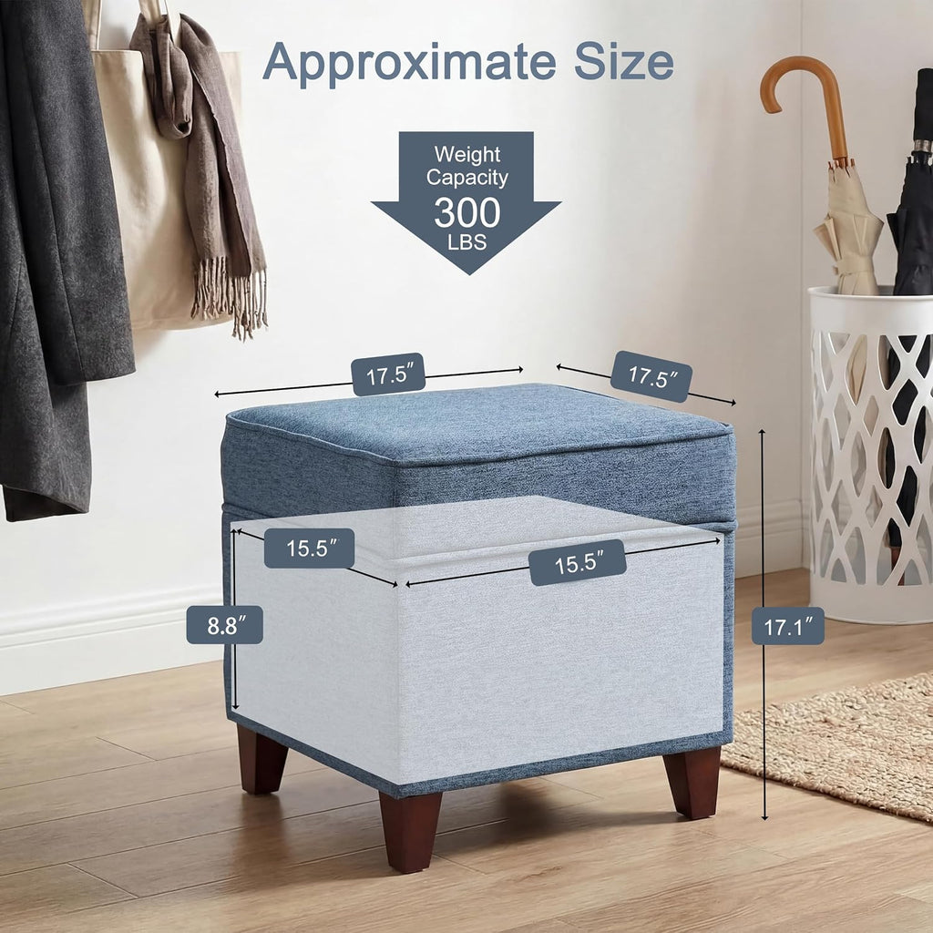 Linen Storage Ottoman with Wooden Legs, 17" Square Upholstered Flip-Top Footrest Stool, Extra Seat or Coffee Table for Living Room, Bedroom, Entryway, Blue
