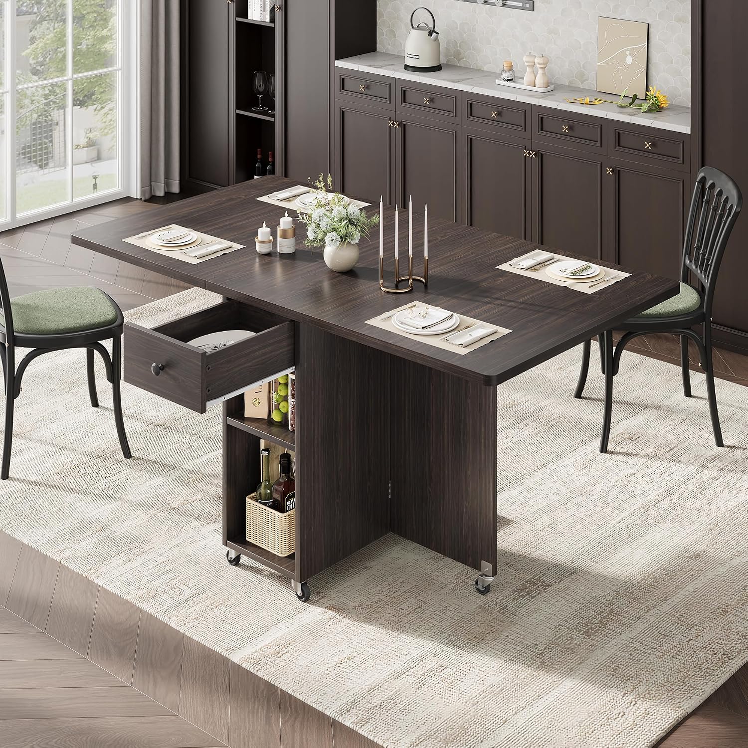 Jocoevol Space Saving Folding Dining Table for 4, Foldable Dining Table with Drawer and Storage Shelf, 6 Wheels Drop Leaf Kitchen Dining Room Table for Small Space (Walnut, 47.2" x 23.6" x 29.9")