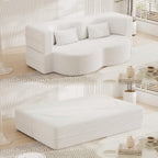 Modern Floor Sofa with 2 Pillows,Convertible Teddy Fabric Foam-Filled Sleeper Sofa Bed,15" Full Size Folding Mattress for Living Room, Guest Bed, Playroom,no Assembly Required (White@091)