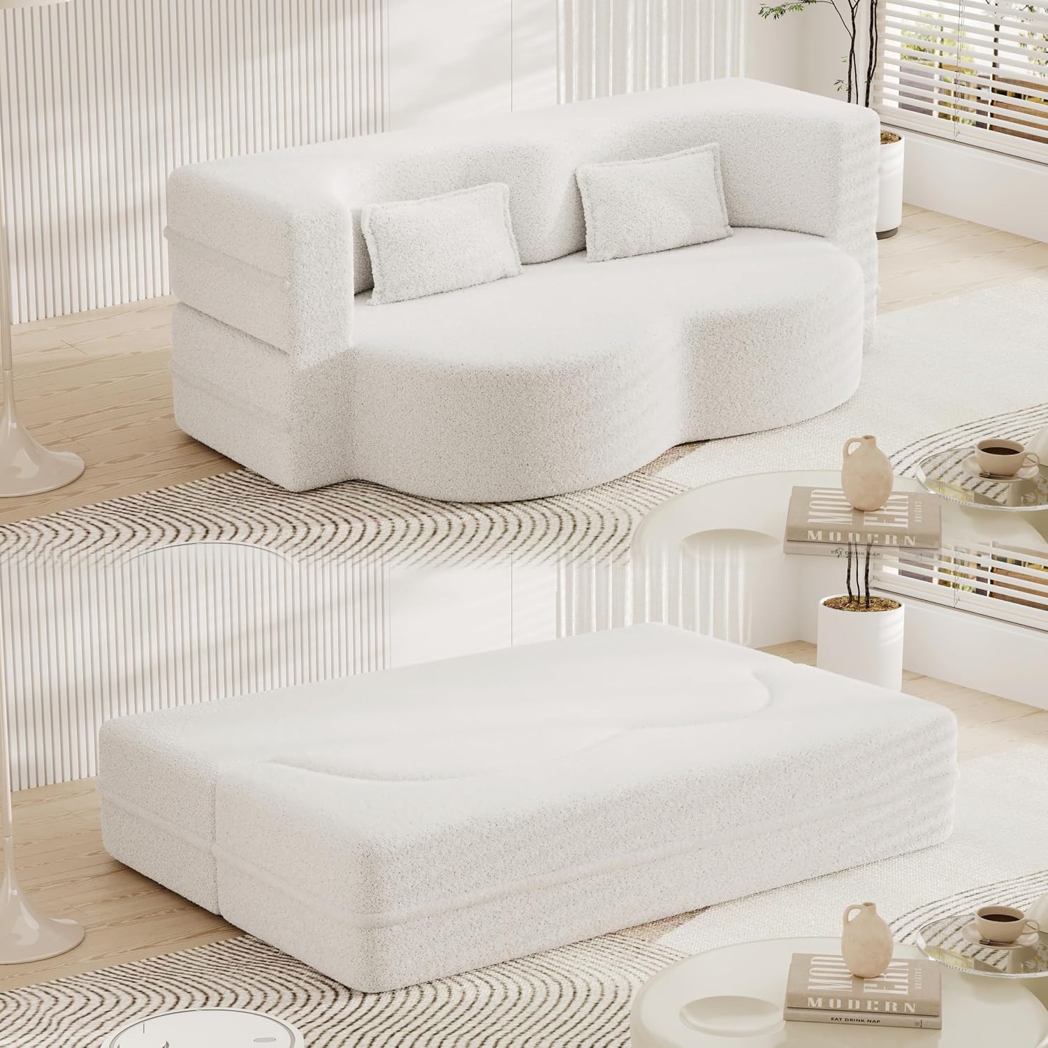 Modern Floor Sofa with 2 Pillows,Convertible Teddy Fabric Foam-Filled Sleeper Sofa Bed,15" Full Size Folding Mattress for Living Room, Guest Bed, Playroom,no Assembly Required (White@091)