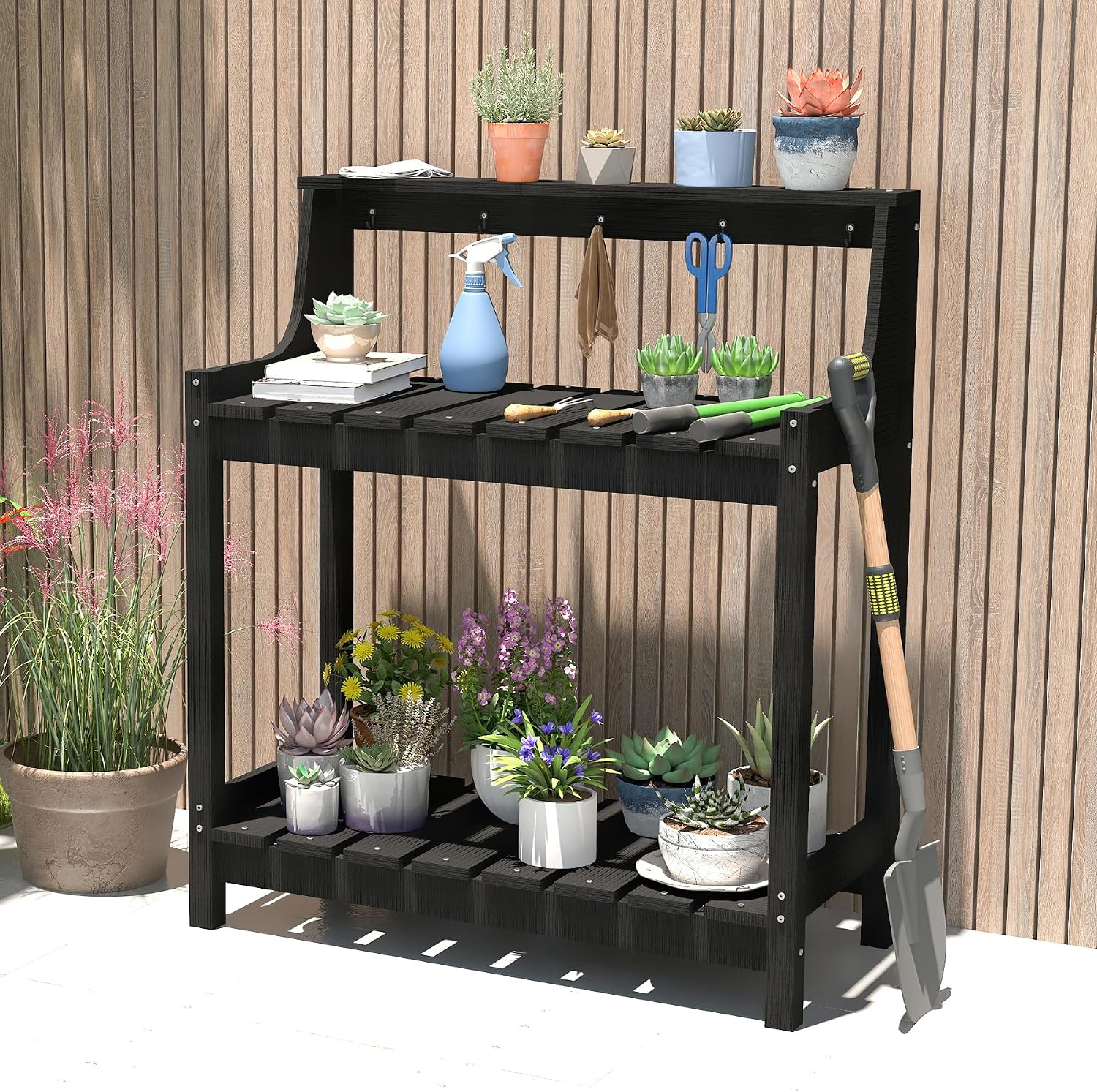 Domi Potting Benches for Outside, HDPE Garden Potting Table All Weather, Outdoor Potting Table with Storage for Patio, Backyard, Garden, Black