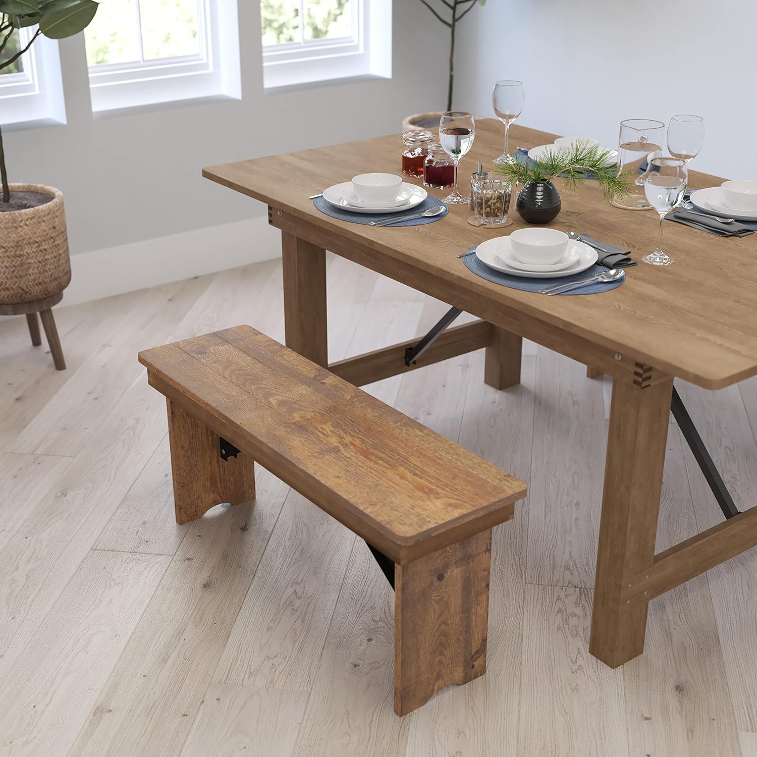 Merrick Lane Tinsley 40" x 12" Antique Rustic Solid Pine Folding Farmhouse Style Bench