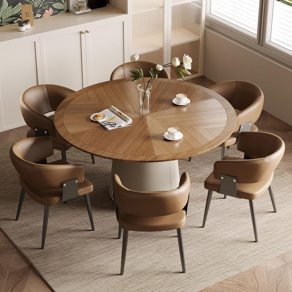 Round Faux Leather Base Dining Table for 4-6 People, Modern Wood Kitchen Table with Solid Veneer Top, Walnut, 59.05" (59.1 inches (Diameter) x 29.8 inches (Height))