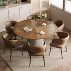 Round Faux Leather Base Dining Table for 4-6 People, Modern Wood Kitchen Table with Solid Veneer Top, Walnut, 59.05" (59.1 inches (Diameter) x 29.8 inches (Height))