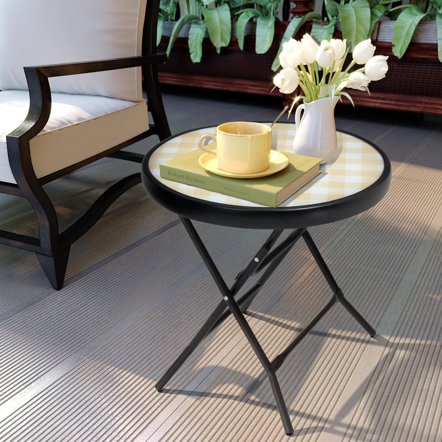 Foldable Patio Side Tables, 17.7" Small End Table Outdoor Weatherproof, Round Glass Top Outside Folding Table for Poolside, Balcony, Yard, Porch（Yellow）