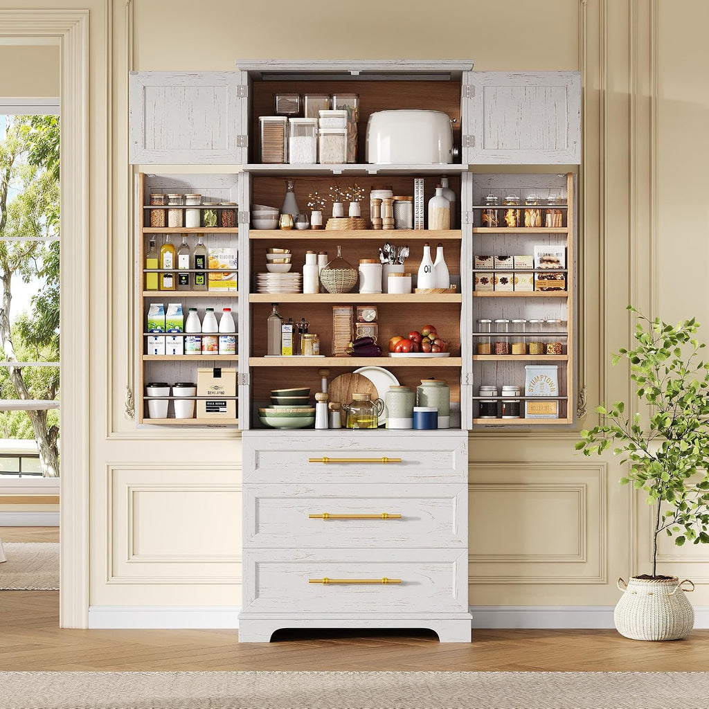 LUMISOL Kitchen Pantry Cabinet with Drawers, 78.2" Tall Cupboard Storage Cabinet with 3 Adjustable Shelves, Farmhouse Kitchen Hutch with 8 Door Shelves for Dining Room Living Room, Retro White