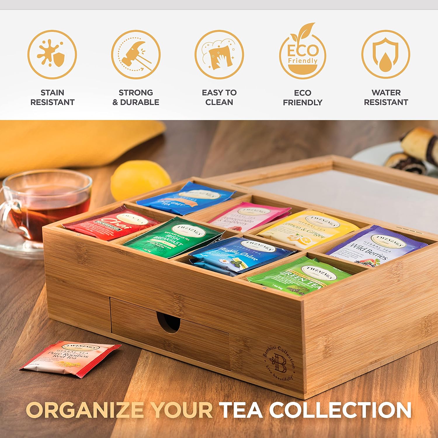 Bamboo Tea Bag Organizer Box - 8 Compartment Tea Storage Box with Acrylic Lid, Magnetic Closure and Drawer, Tea Bag Holder for Kitchen Counter, Tea Organizer, Tea Box, Gift for Mom Wife Tea Lovers