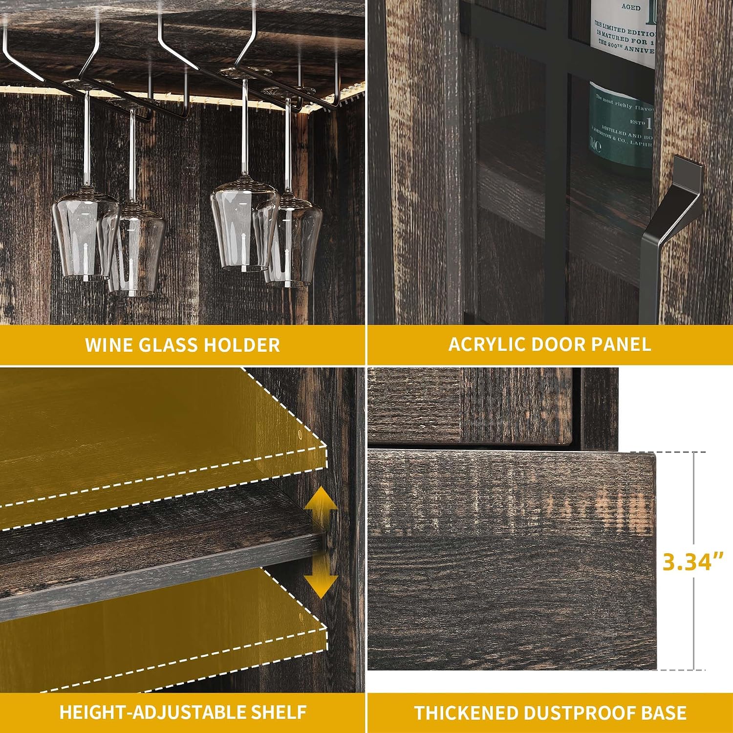 DWVO 53" Corner Bar Cabinet, Farmhouse Wine Cabinet with Glass Holder & LED Lights, 4-Tiers Liquor Bar with Glass Door & Shelves for Home Kitchen, Living Dining Room, Dark Rustic Oak