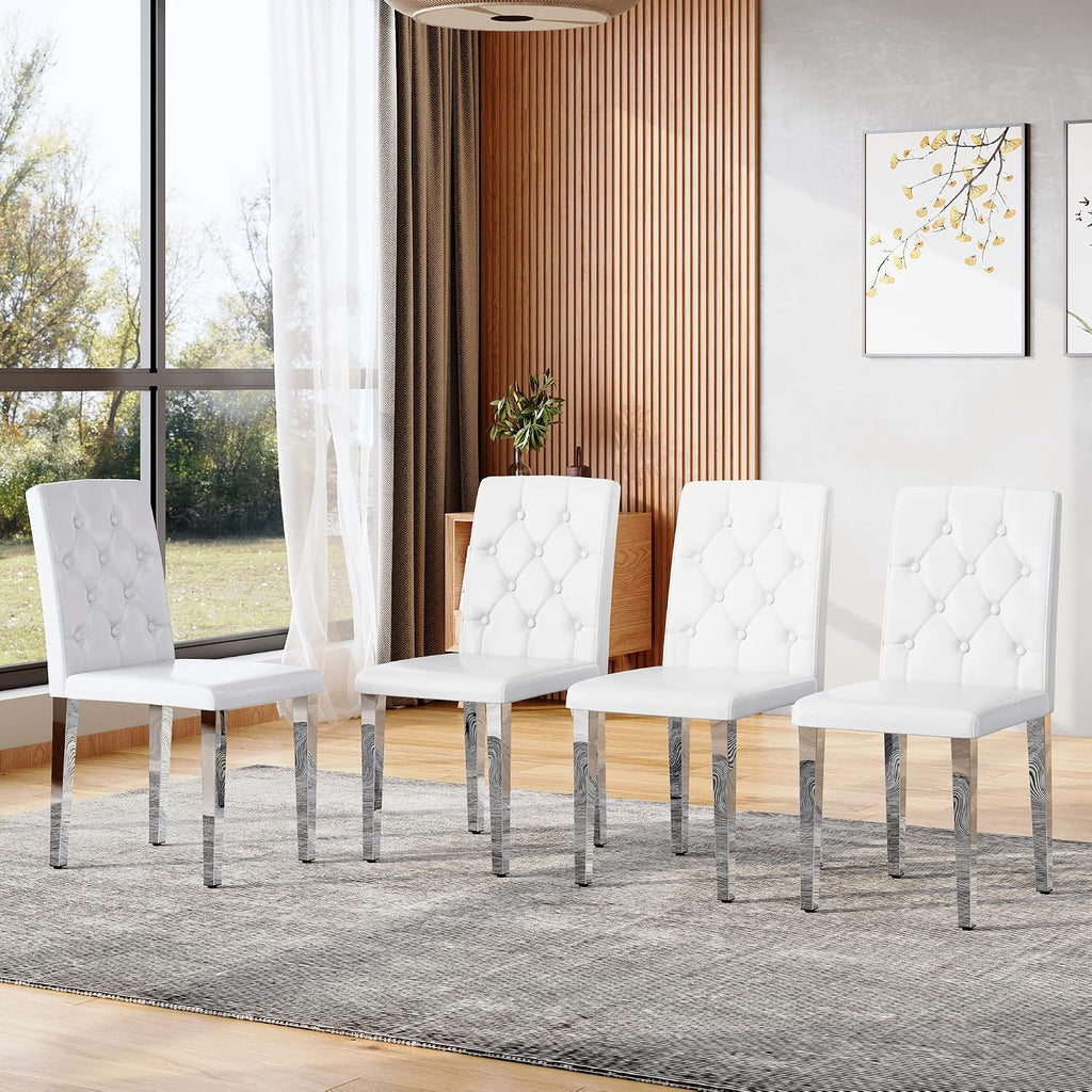 White Dining Chairs Set of 4,Faux Leather with Silver Metal Legs,Tufted Buttom Decor on Back,Armless Kitchen Room Chairs Set of 4,High Back Modern Design for Home Kitchen Living Room Bedroom