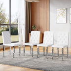White Dining Chairs Set of 4,Faux Leather with Silver Metal Legs,Tufted Buttom Decor on Back,Armless Kitchen Room Chairs Set of 4,High Back Modern Design for Home Kitchen Living Room Bedroom