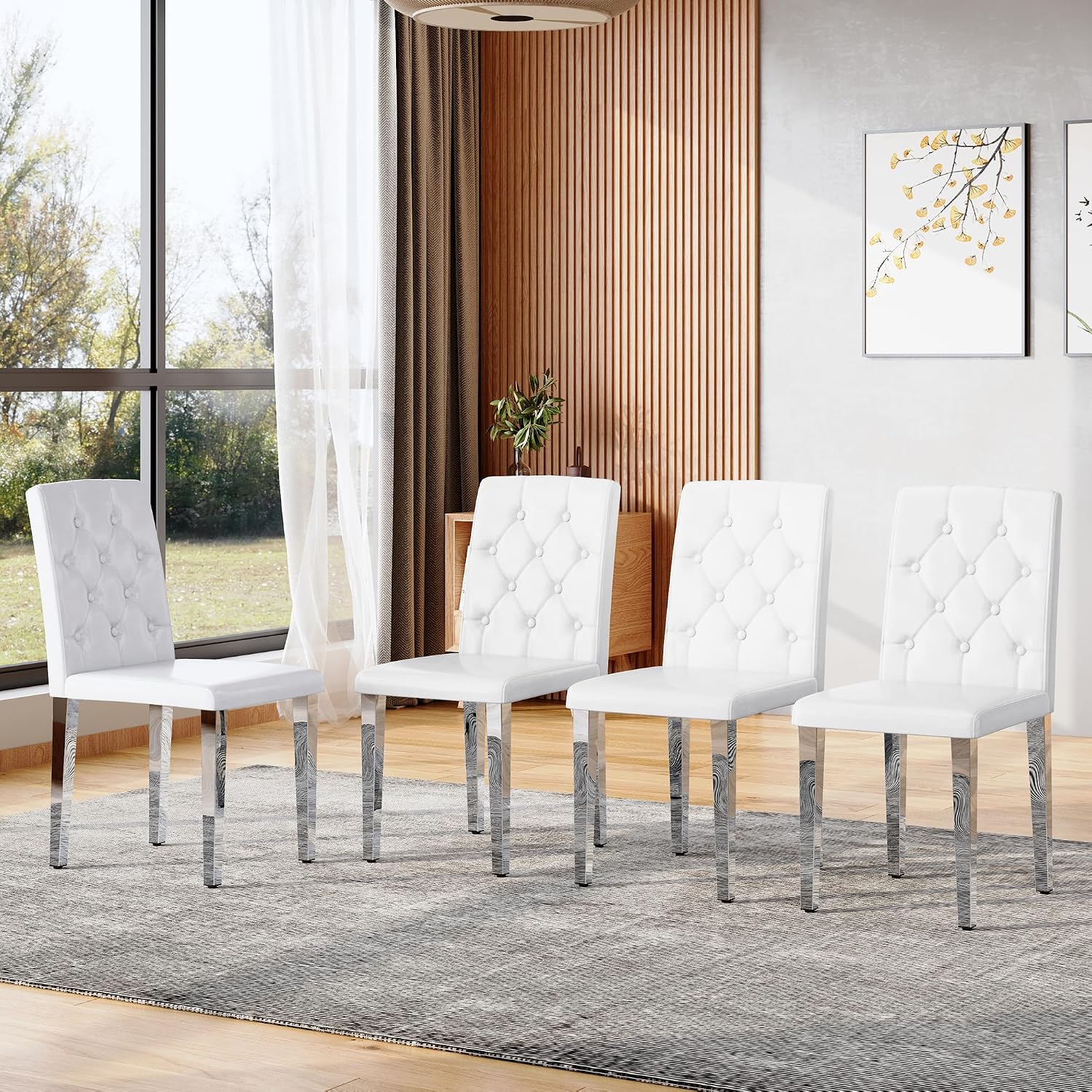 White Dining Chairs Set of 4,Faux Leather with Silver Metal Legs,Tufted Buttom Decor on Back,Armless Kitchen Room Chairs Set of 4,High Back Modern Design for Home Kitchen Living Room Bedroom