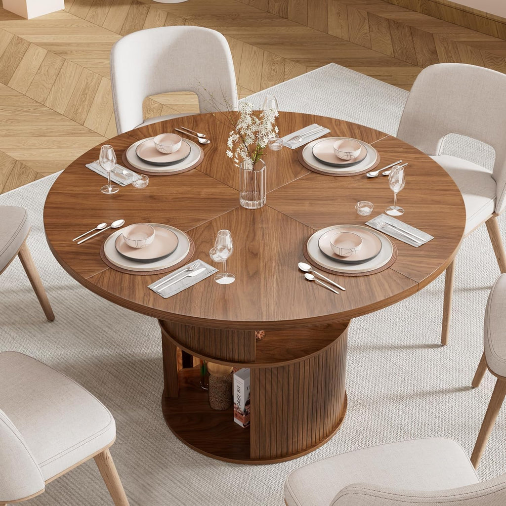 47 inch Round Dining Table for 4, Farmhouse Kitchen Dining Table with 2-Layer Storage Shelf and Fluted Panel, Modern Wooden Dining Room Table for Home, Kitchen, Living Room (Walnut)