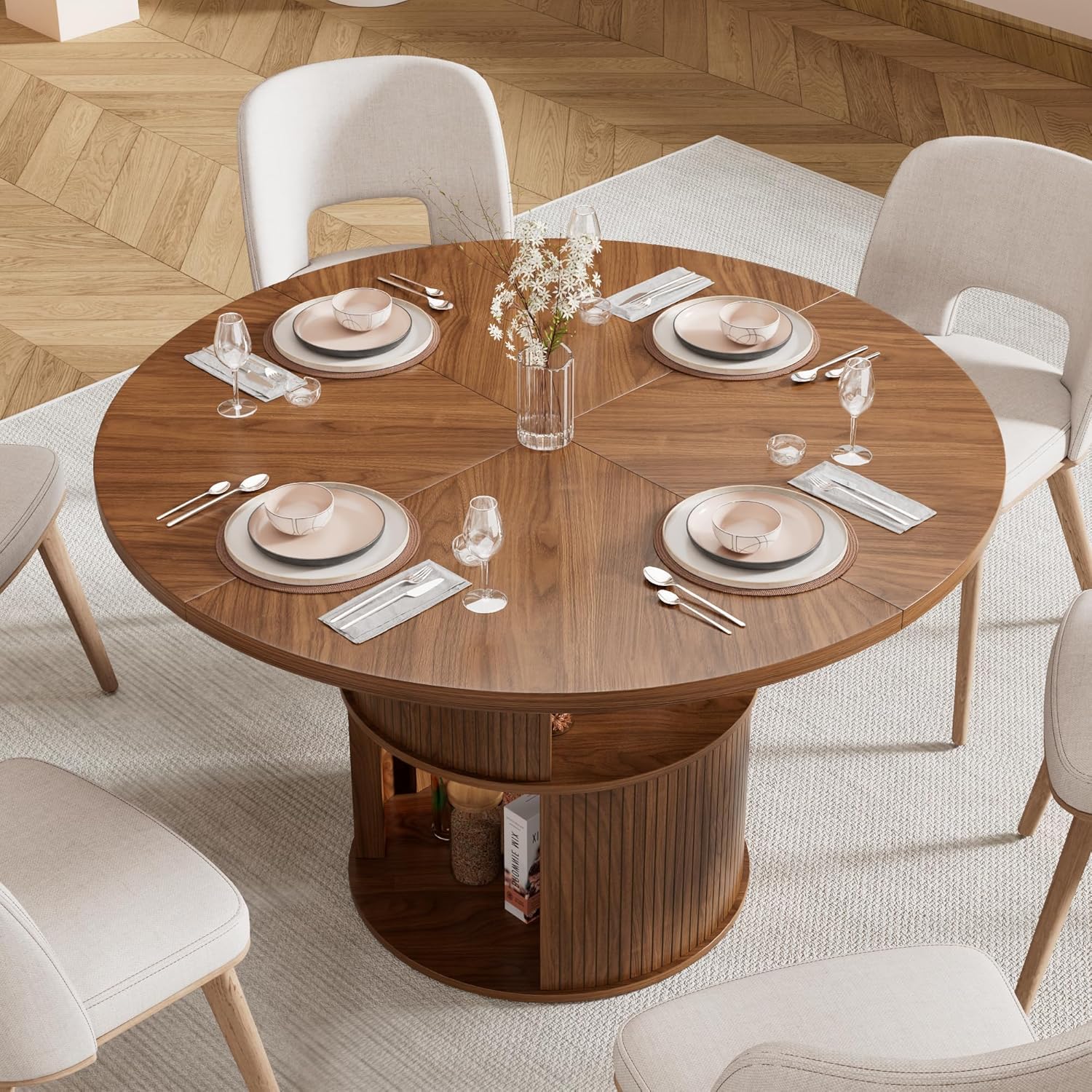 47 inch Round Dining Table for 4, Farmhouse Kitchen Dining Table with 2-Layer Storage Shelf and Fluted Panel, Modern Wooden Dining Room Table for Home, Kitchen, Living Room (Walnut)