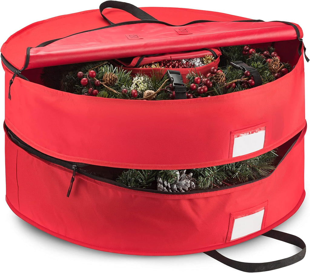 ZOBER Christmas Wreath Storage Container 30 Inch - Wreath Bag Fits 2 Wreaths Box - 600D Oxford Fabric - Interior Compartment for Storing Garlands, Wreaths Storage Bag W Strong Durable Handles - Red