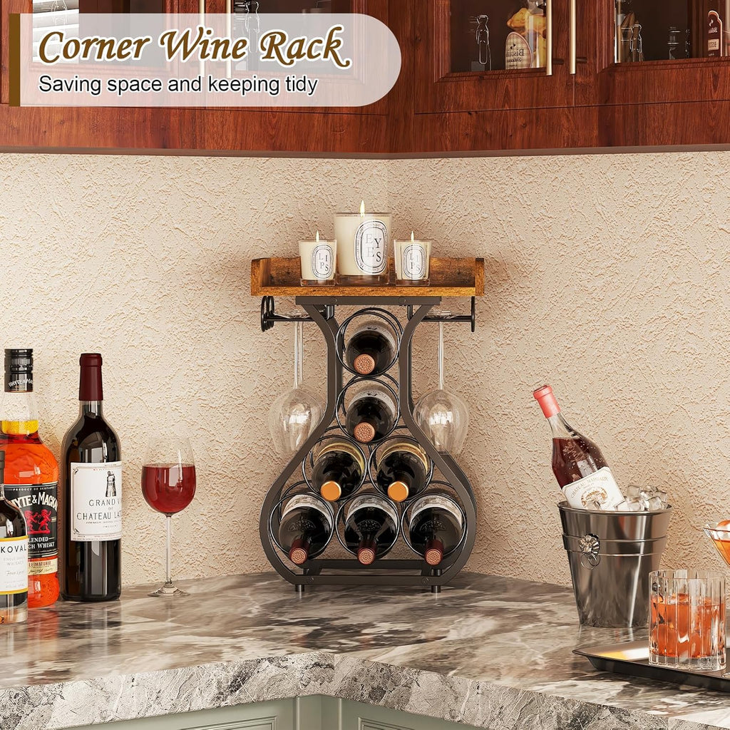 X-cosrack Wine Racks Countertop, Small Wine Rack with Wine Glass Holder, Mini Countertop Wine Rack with Tabletop Wine Storage Cabinet Shelf for Kitchen Pantry Home Bar