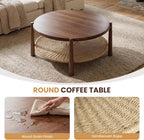 Round Coffee Table with Woven Storage Shelf, Mid-Century Modern 2-Tier Wood Center Table, Boho Coastal Circle Coffee Table for Living Room Office, Walnut Brown