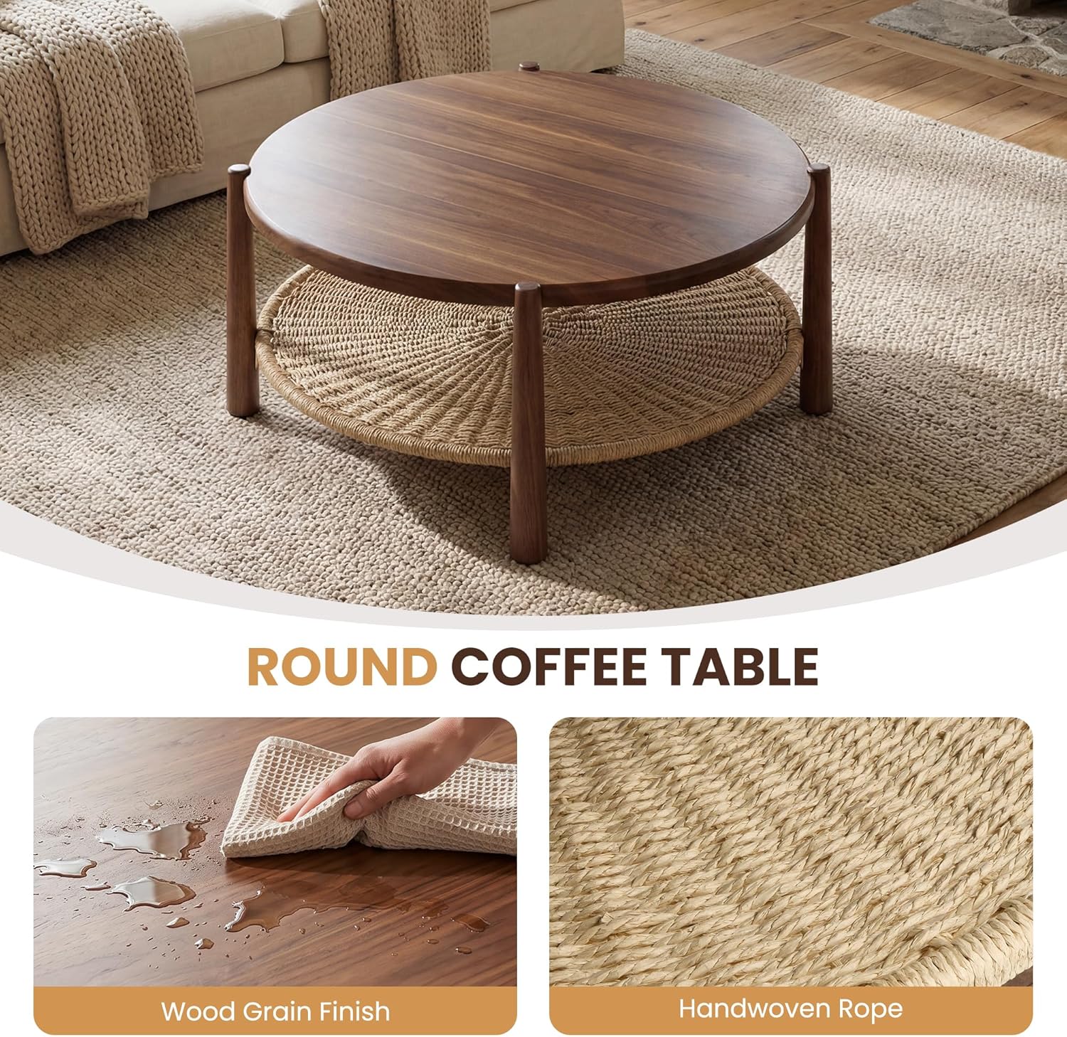 Round Coffee Table with Woven Storage Shelf, Mid-Century Modern 2-Tier Wood Center Table, Boho Coastal Circle Coffee Table for Living Room Office, Walnut Brown