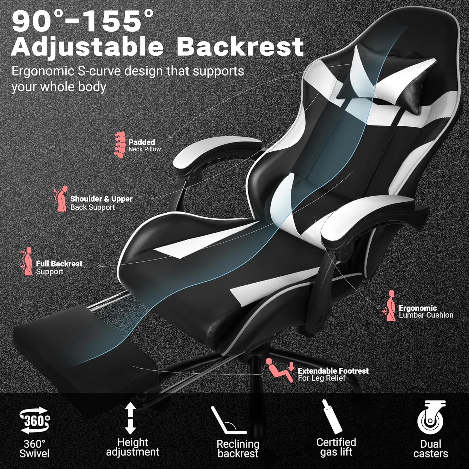 Xcity Gaming Chair, Height Adjustable Desk Chair with 90°-155° Reclining Backrest & Footrest,Ergonomic Computer Chair Supports Up to 330 lbs for Gamer, Office and Home (Black & White)