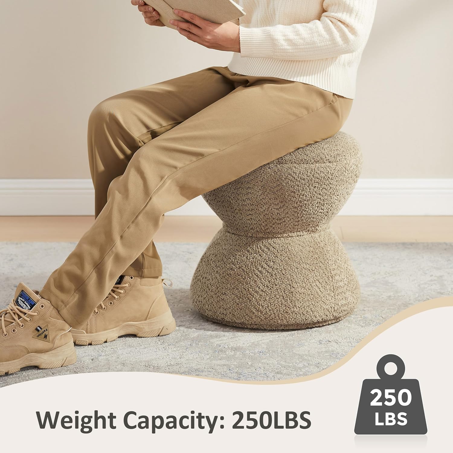 VANOMi Multi-Functional Boucle Ottoman, Set of 2, Vanity Stool Chair, Sturdy Rotating Wooden Footstool, Suitable for Living Room, Bedroom, and Entryway, Without Installation, Swivel, Camel