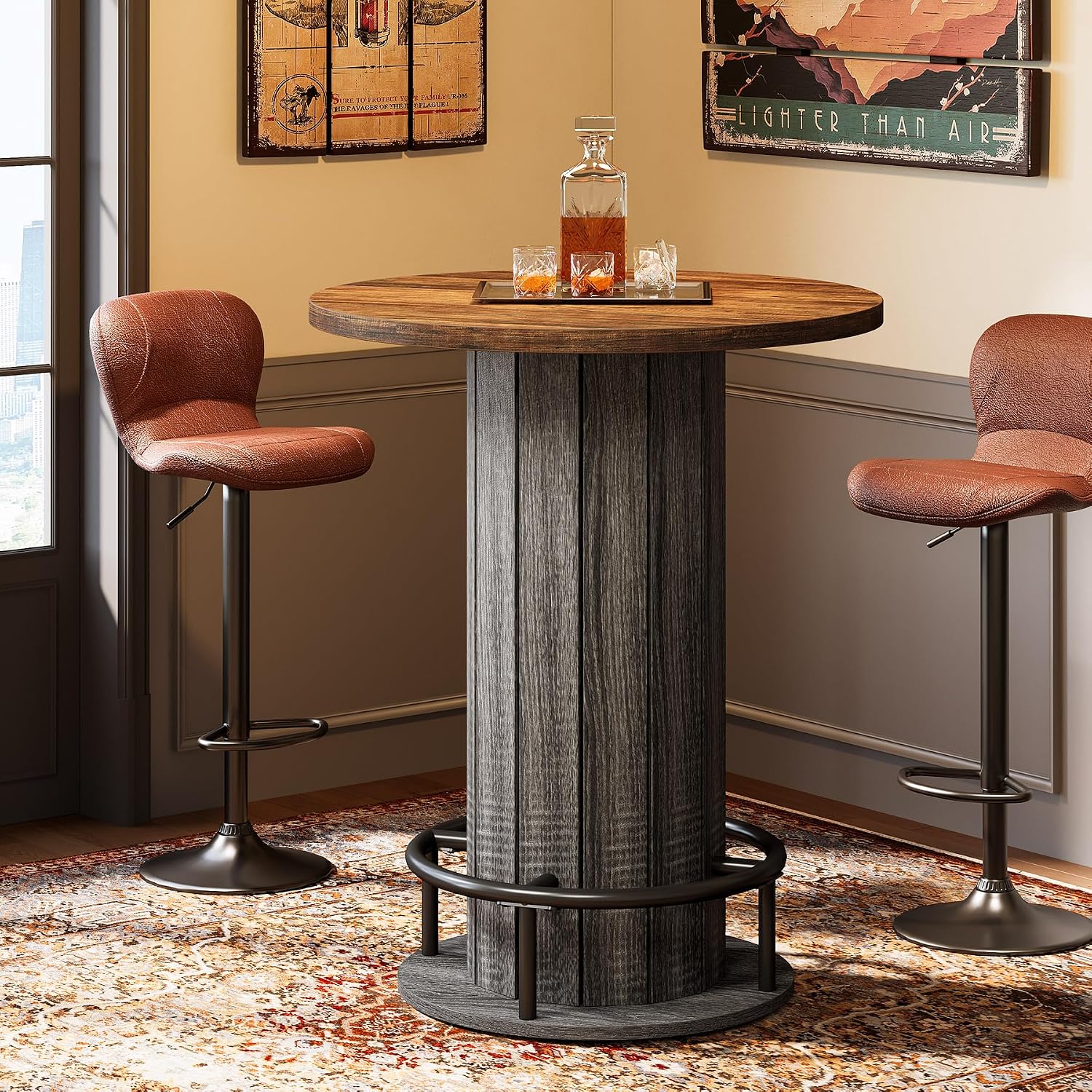Tribesigns Round Bar Table, 39.4" H Wood Bistro Pub Table with Metal Ring Footrest for Dining Coffee Cocktail Living Room, Small Space, Brown & Gray (Only Table)