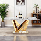 70 Inch Modern Rectangle Dining Table for 6, Faux Marble Top with Mirrored Stainless Steel Base, Large Kitchen Table for Dining Room, Living Room, Office, Conference, (Table Only) (Gold + Grey)