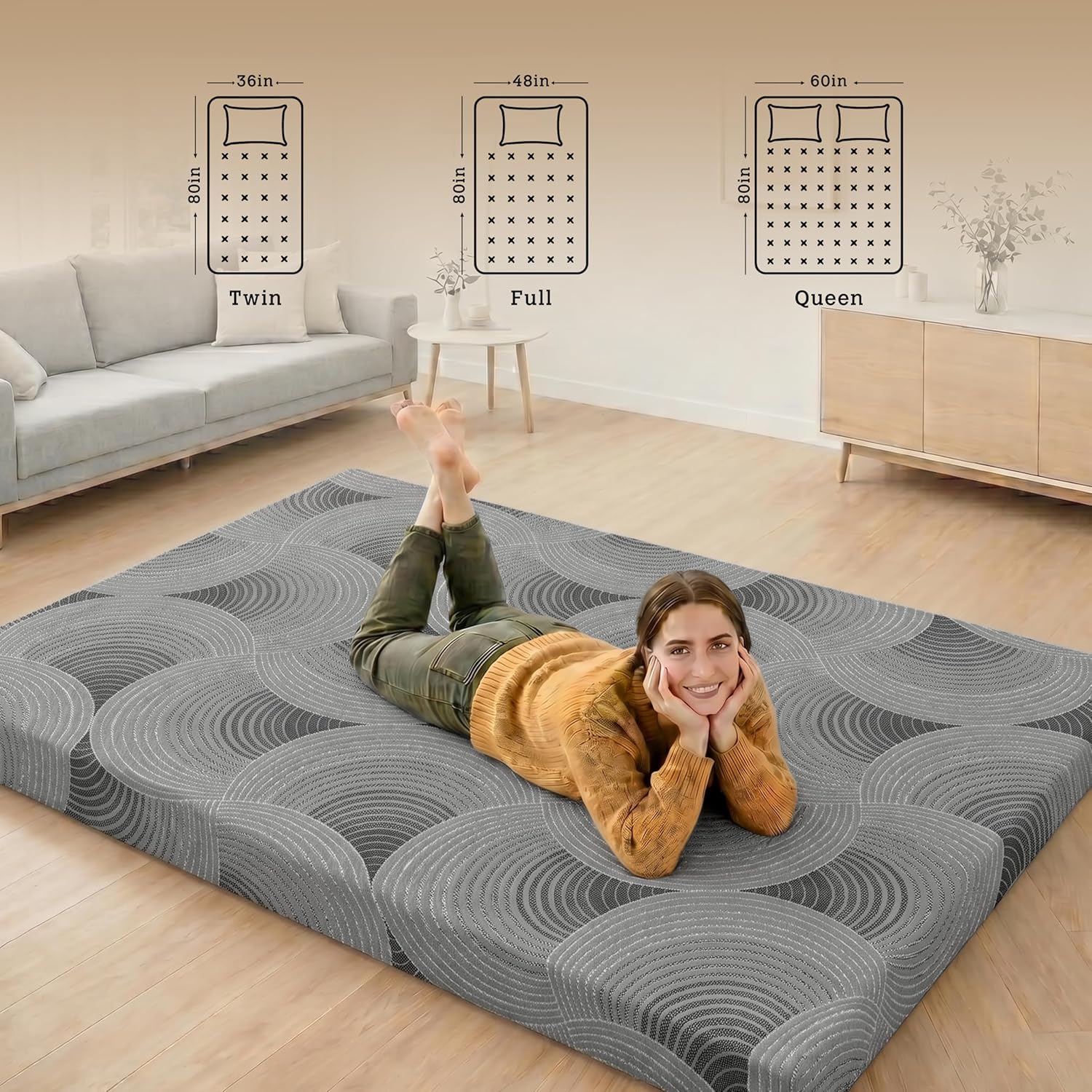 Japanese Floor Mattress, 3.5" Thicken Futon Mattress Tatami Mat with Non-Slip Bottom,Removable Washable Cover,Foldable Mattress Tatami Mat Sleeping Pad,Grey Geometric,Full（80’‘x48''