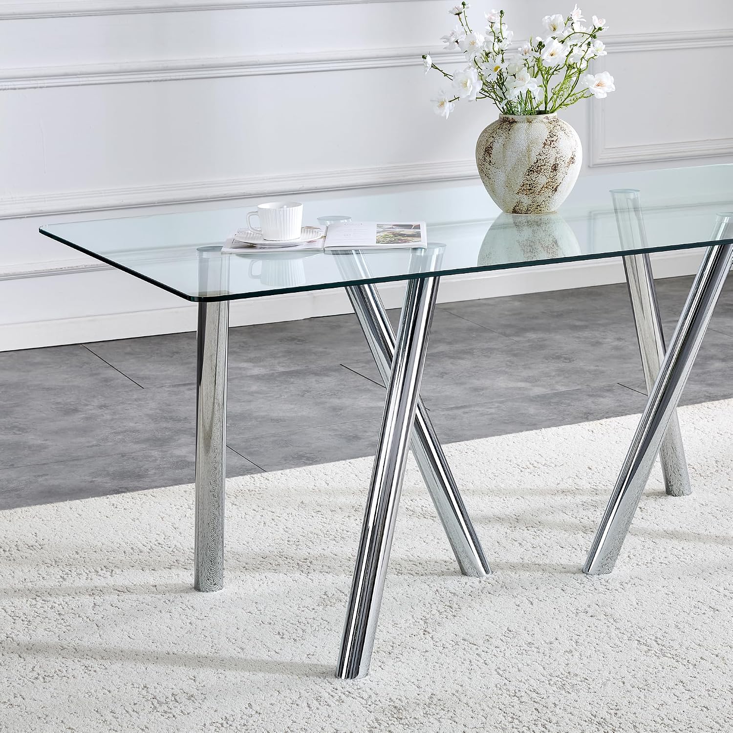 Glass Dining Table for 4 6 8 Pepole,71 Inch Rectangle Kitchen Dining Room Table with 0.39" Thick Tempered Glass Tabletop & Metal Legs, Modern Glass Top Silver Dinner Table for Dining Room