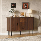 47'' Fluted Cabinet with Storage, Walnut Buffet Cabinet Sideboard with Sliding Door, 3 Drawers & Adjustable Shelf, Mid Century Coffee Bar, Curved Edge Design Storage Cabinet for Kitchen, Living Room