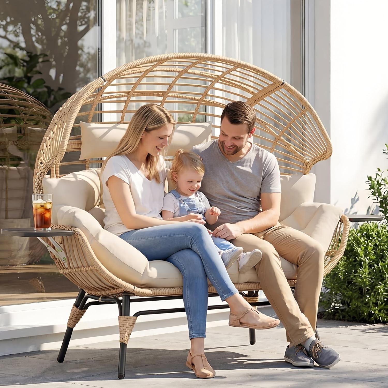 Double Egg Chair with Cup Holder Outdoor Indoor,2 Person Oversized Wicker Lounge Chair with 8” Thicken Cushions & Rain Cover 700lbs for Patio Balcony Porch Living Room