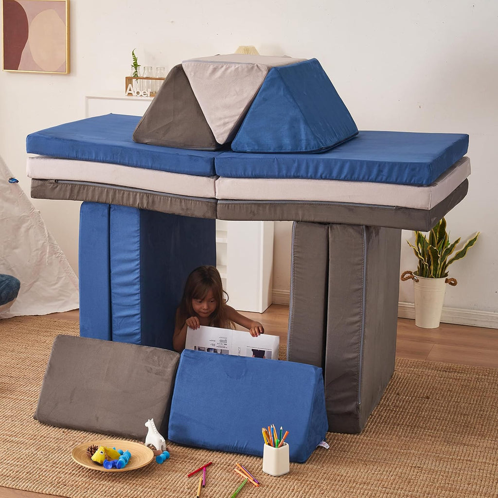 jela Kids Play Couch Extended Size 8PCS for Family, Floor Sofa Modular Funiture for Kids Adults, Playhouse Play Set for Toddlers Babies, Modular Foam Play Couch Indoor 66" x 33" x 22" Navyblue | durable foam