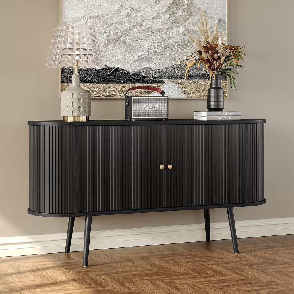 Furniouse 54.4''W Buffet Cabinet with Storage Fluted Sideboard Cabinet with Doors & 4 Shelf Storage for Living Room, Hallway, Kitchen, Black