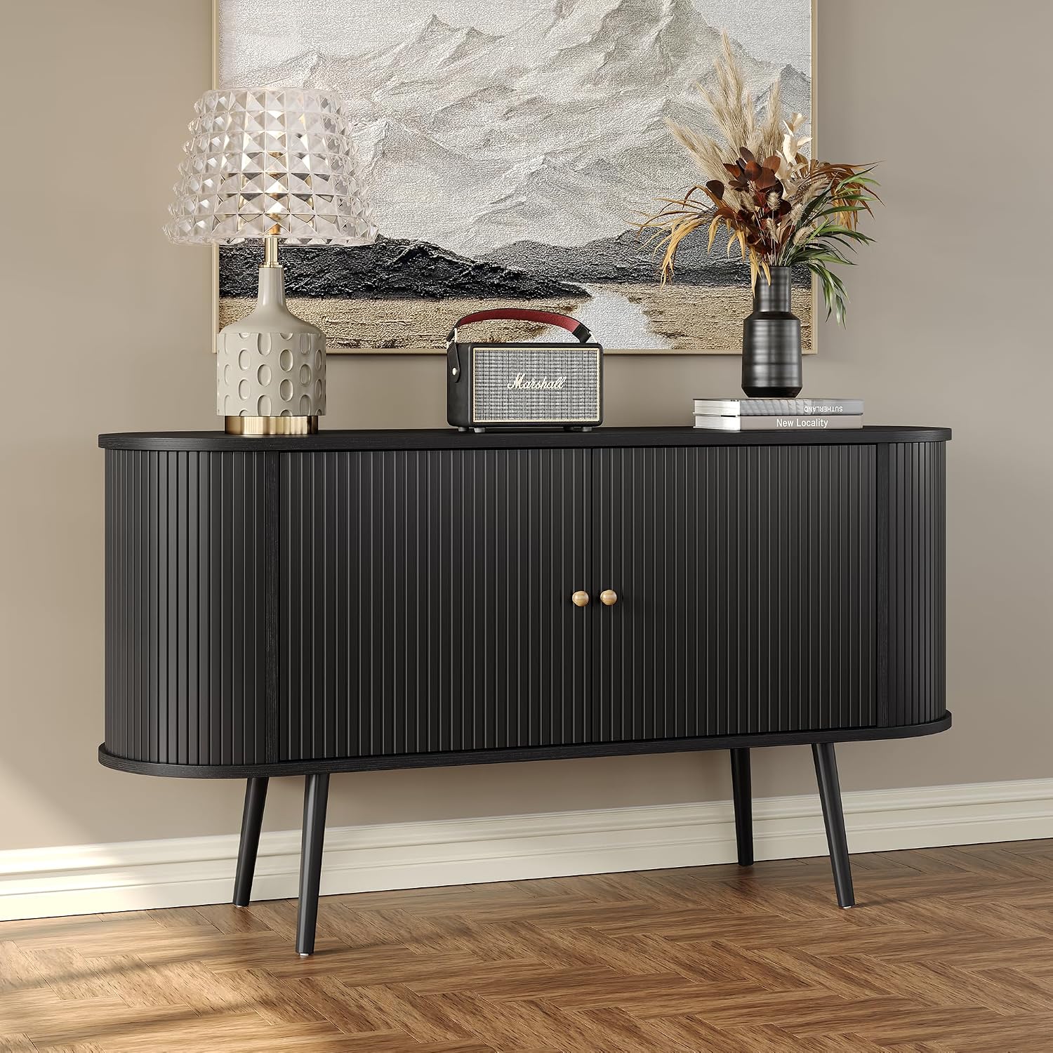 Furniouse 54.4''W Buffet Cabinet with Storage Fluted Sideboard Cabinet with Doors & 4 Shelf Storage for Living Room, Hallway, Kitchen, Black