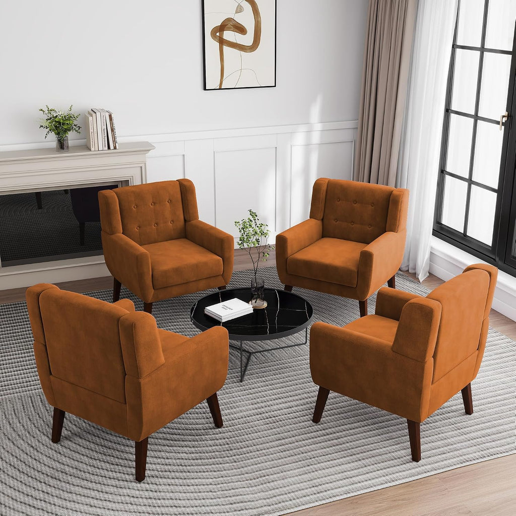 Accent Chairs Set of 2, Velvet Upholstered Armchair, Orange | Mid Century Modern Living Room Chair, Button Tufted Wingback Chair with Removable Cushion, Bedroom Side Reading Seat