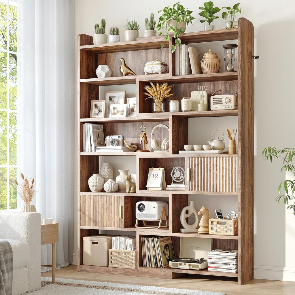 DurayLoly 75" Tall Corner Bookshelf, 7 Tiers Wood Bookcase with 2 Enclosed Storage Cabinet, Adjustable Corner Cabinet for Living Room, Home Office, Bedroom, Kitchen, Brown