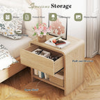 MERLIFE Modern Night Stand Set 2 with Storage Drawer & Open Shelves, Oak | Natural Wood Finish,Curved Top Corners,Smooth Metal Slides,Easy Assembly 30mins,for Bedroom Living Room Sofa Office