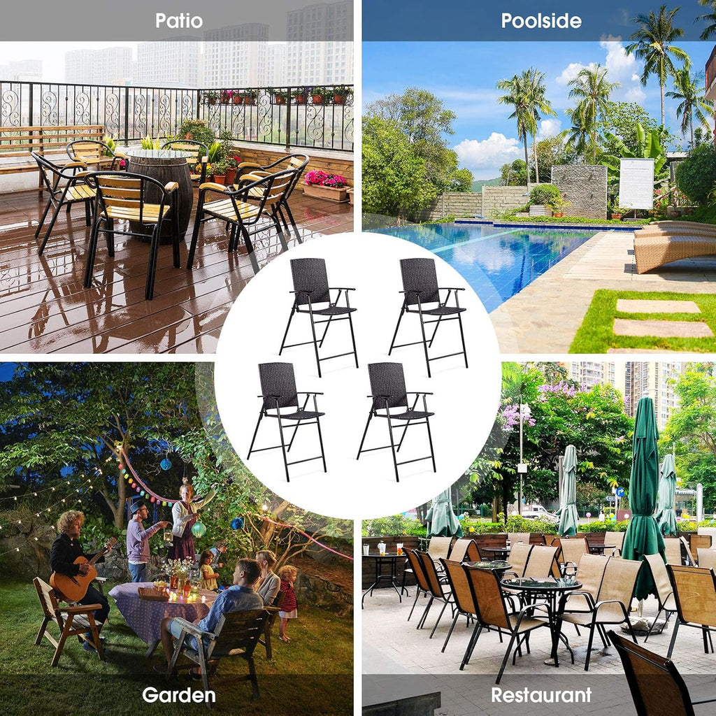 Casart Folding Wicker Rattan Bar Chairs Set of 4, Tall Stool with Back, Steel Frame, Armrests and Footrest, Bar Stools Garden Patio Furniture Set