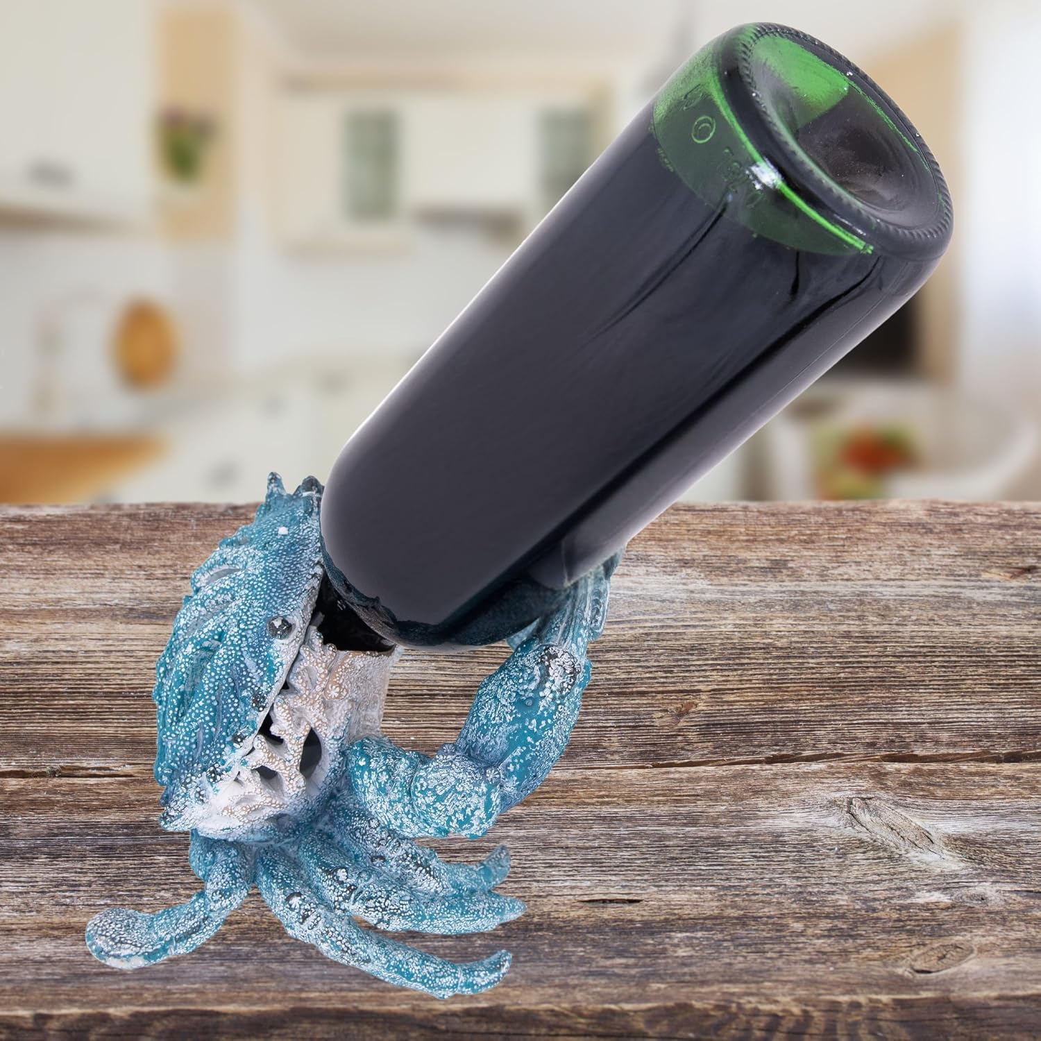 Coral Reef Crab Wine Bottle Holder Countertop Bar Single Wine Holder Nautical Coastal Decor (Aqua)