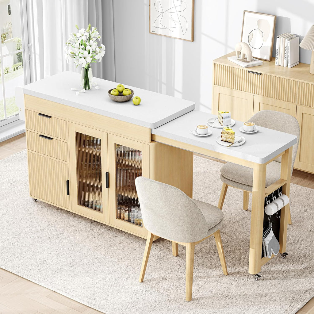 IRONCK 78.7" Kitchen Island with Extendable Dining Table, Rolling Kitchen Cart on Wheels with Quartz Laminate Top, Storage Cabinet, Spice Rack, Shelf & Drawer for Dining Room (Oak)