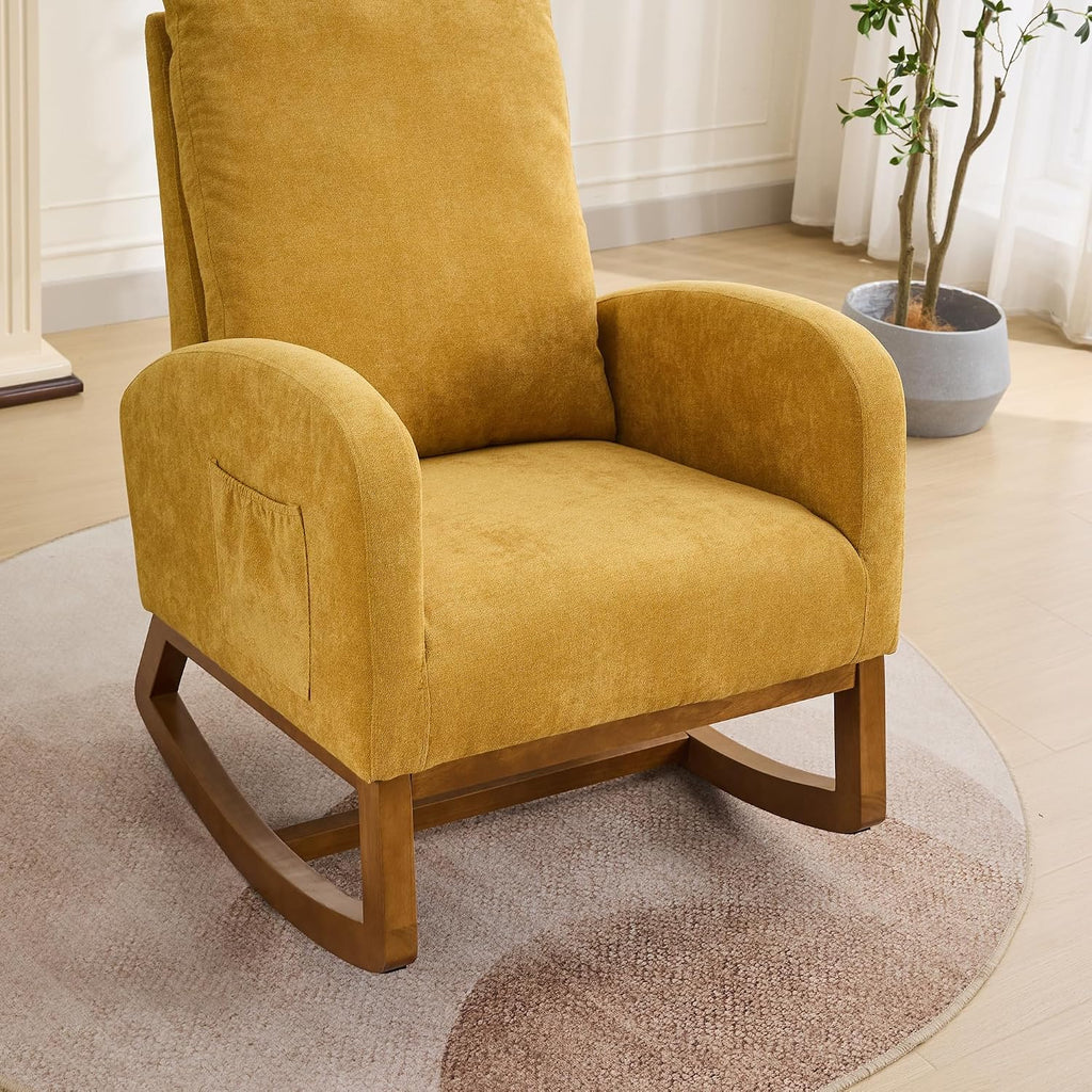 27.2" Rocking Chair for Nursery, Polyeste with Morden High Back and Side Pocket, Rocking Accent Armchair with Rubber Wood Legs for Living Room, Bedroom for Mom Nursery Morden, Mustard