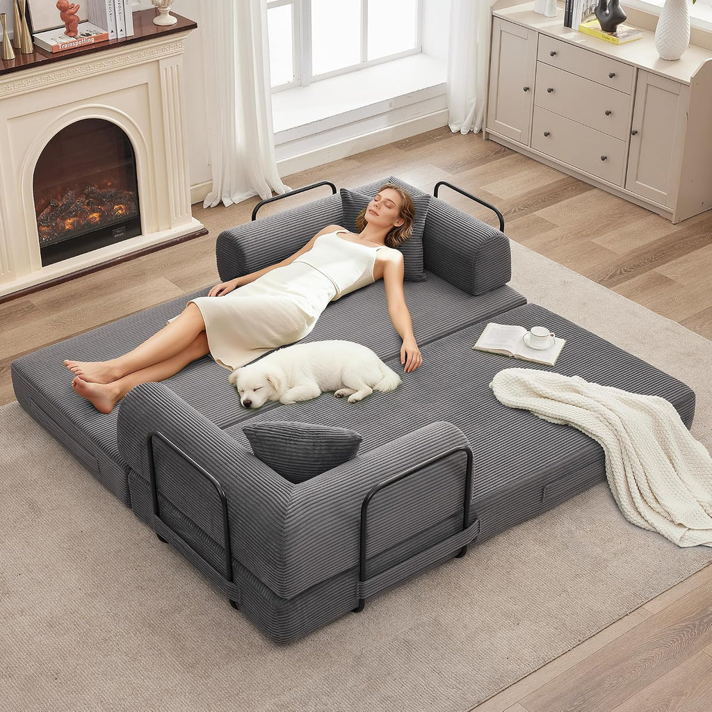 IDEALHOUSE 4 in 1 Convertible Sleeper Sofa Bed Couch, 79 Inch Boneless Corduroy Floor Couch with Pillows, No Assembly, Modern Deep Seat Sofa Futon Mattress for Living Room,Apartment,Gray