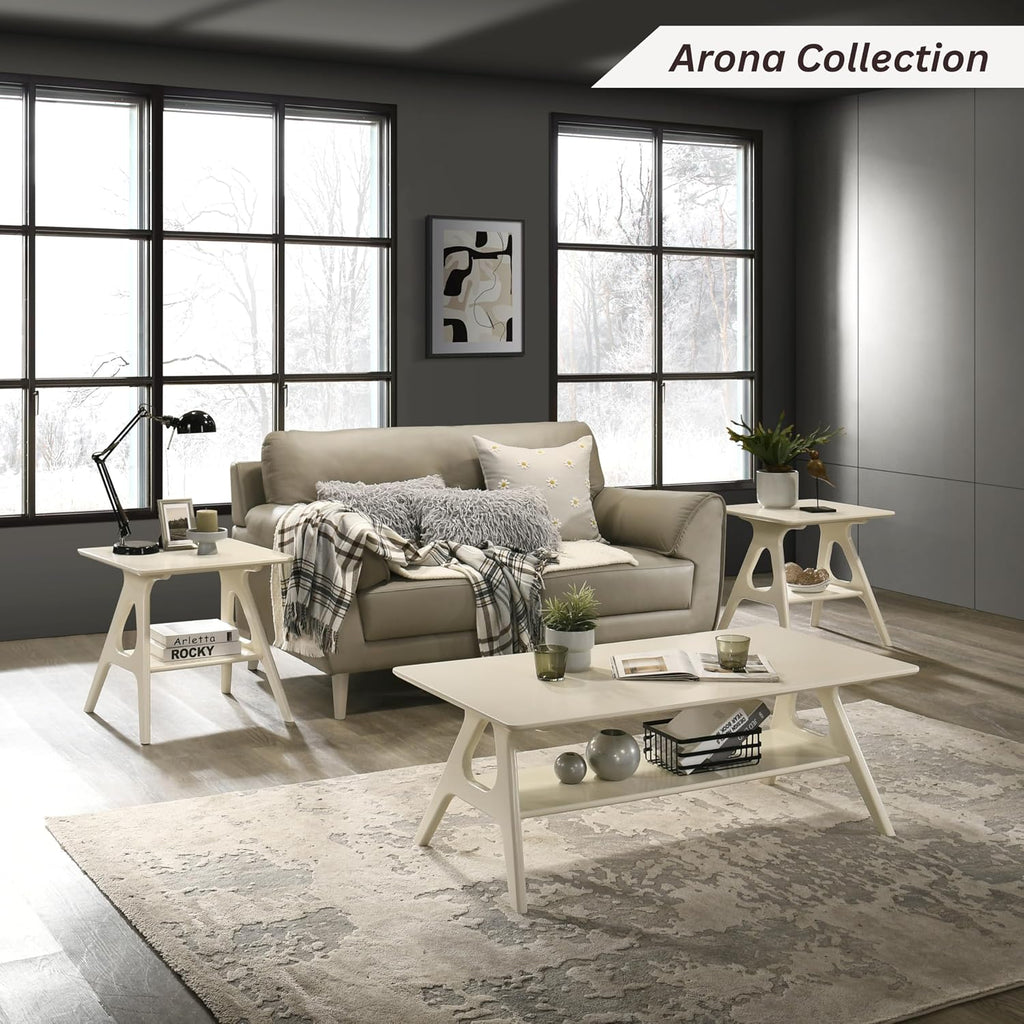 Roundhill Furniture Arona Mid-Century Modern Wood Shelf End Table, Off-White Finish